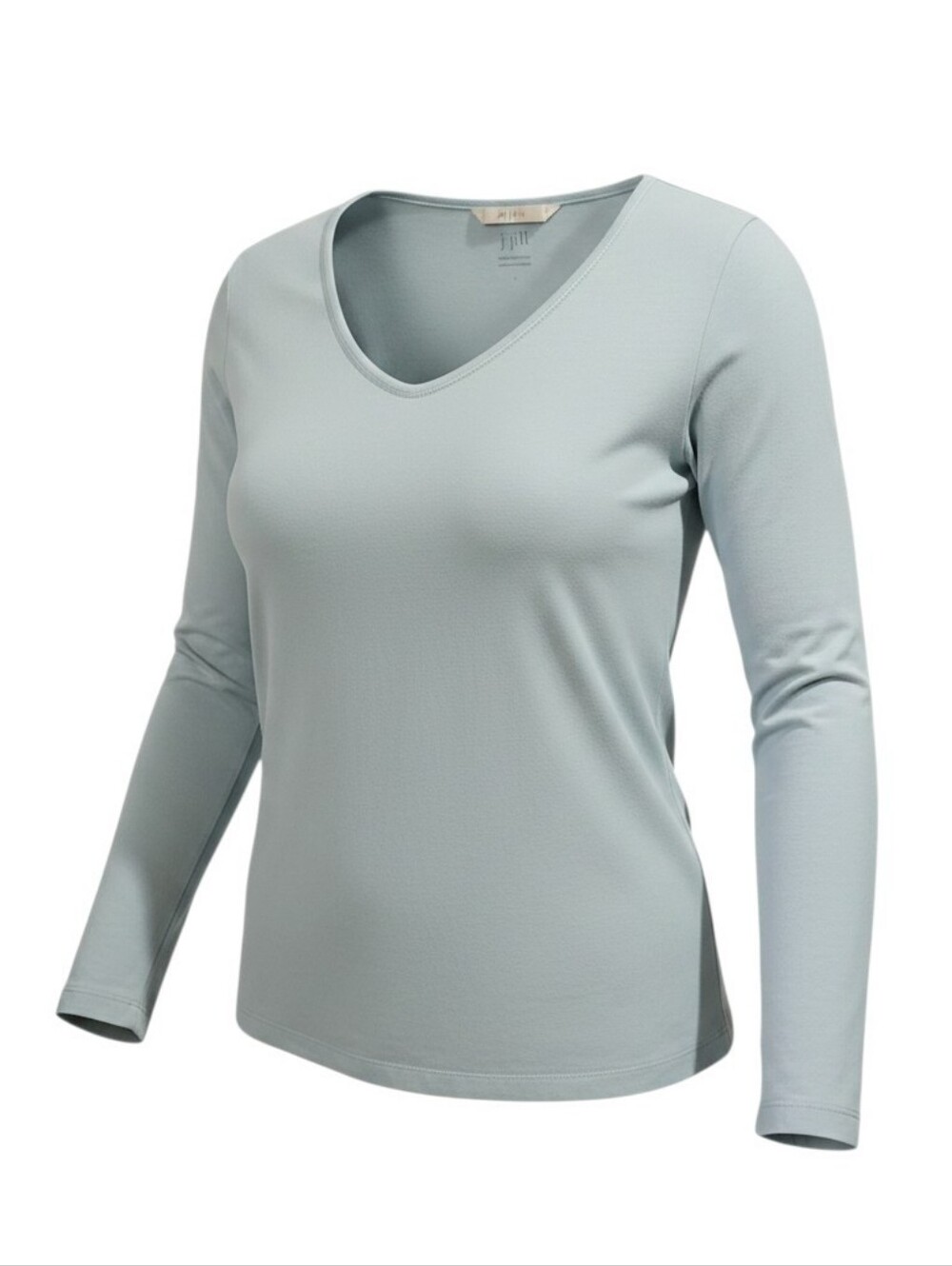 J. Jill Satin Stitch Tee Shirt L Blue Cotton V-Neck Long Sleeve Capsule Wardrobe